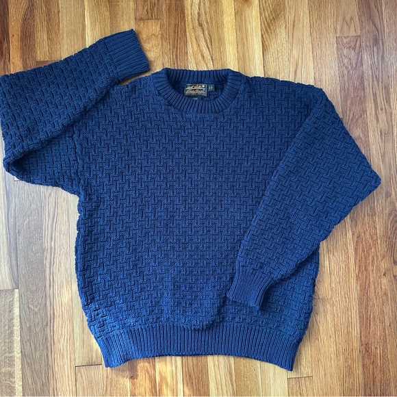 Vintage Eddie Bauer Men’s L Blue Basketweave Knit Sweater Made in USA Cotton - Picture 5 of 13
